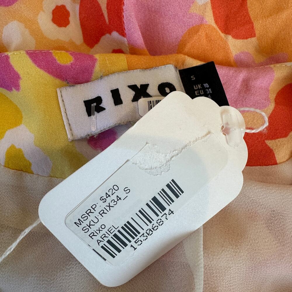 Rixo Whimsical Floral Colorblock Maxi Dress SMALL Ruched Orange Party Fun $420 - Picture 16 of 16